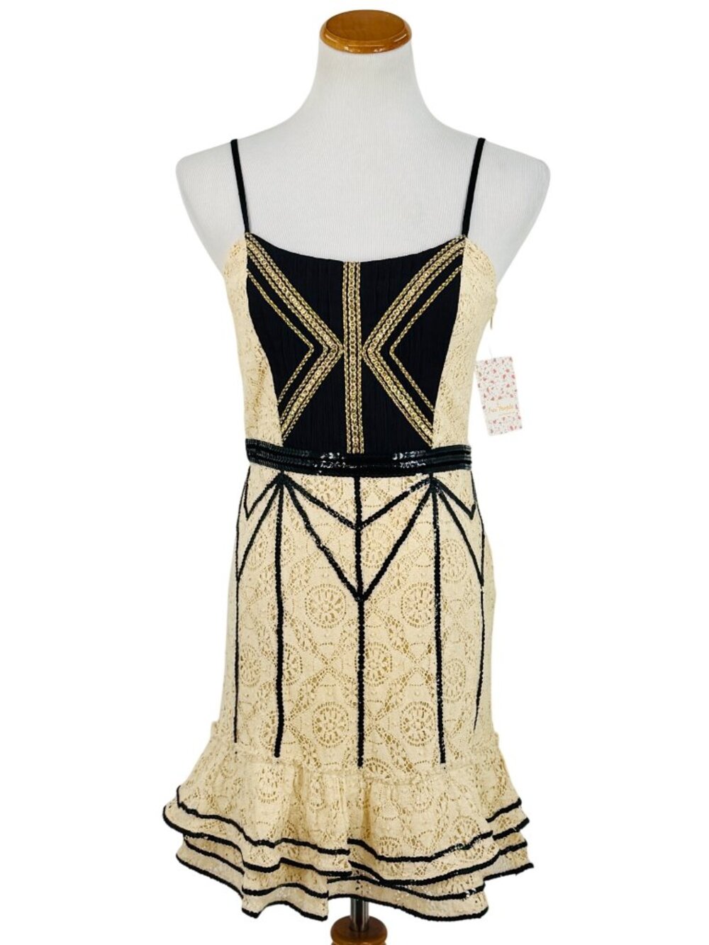 NWT Free People Cream Black Lace Sequin Mini Dress | Whimsigoth Luxe Coquette 8 - Picture 2 of 16